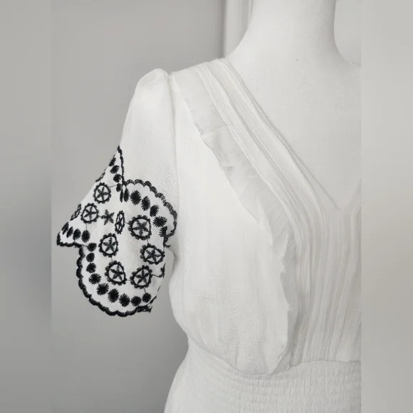 White Embroidered V-Neck Mini Dress with Black Trim - Picture 4 of 5